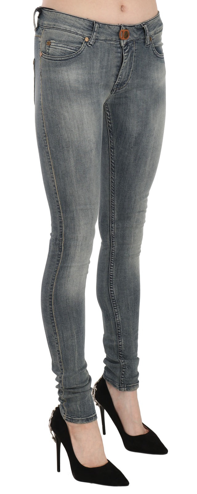 Blaue Jeans im Used-Look, niedriger Bund, schmale Passform, Skinny Denim, lässig