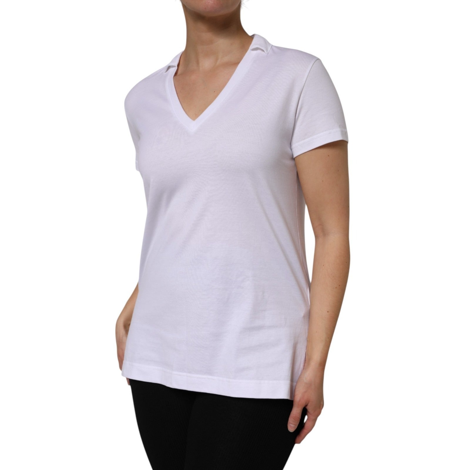 Weißes Baumwoll-T-Shirt mit V-Ausschnitt und kurzen Ärmeln