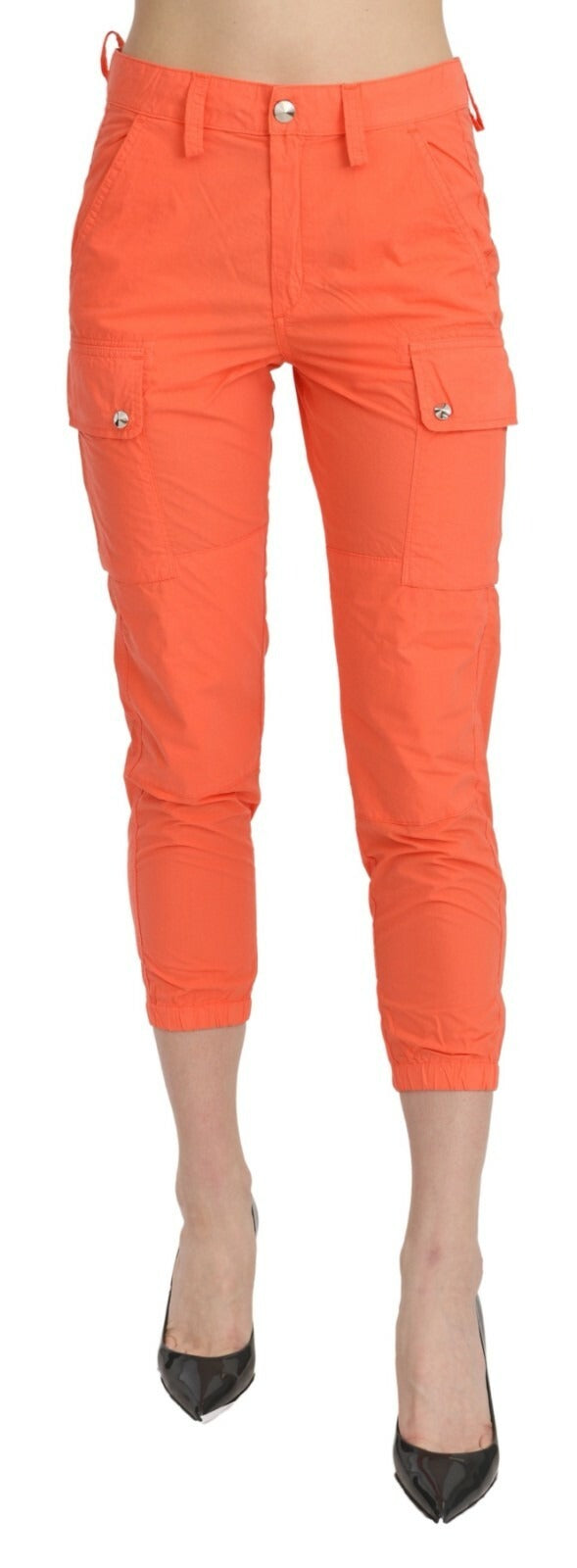 Baumwollhose in Orange mit hoher Taille und schmal zulaufendem Bein, verkürzt