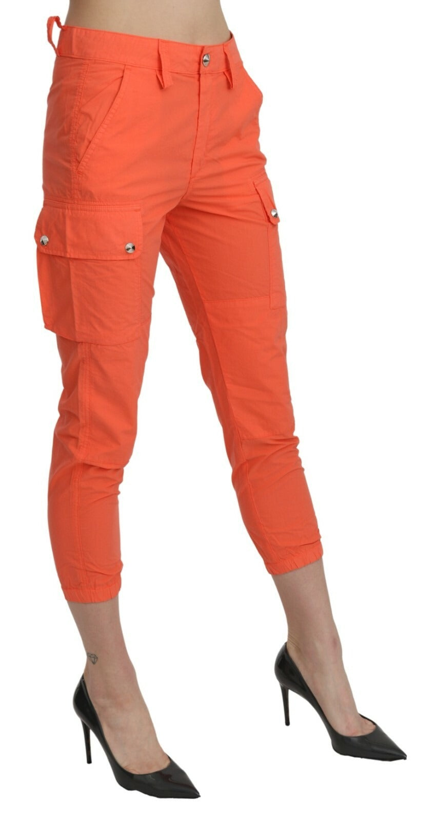 Baumwollhose in Orange mit hoher Taille und schmal zulaufendem Bein, verkürzt