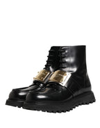 Black Leather DG Plaque Lace Up Boots Shoes