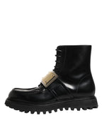 Black Leather DG Plaque Lace Up Boots Shoes