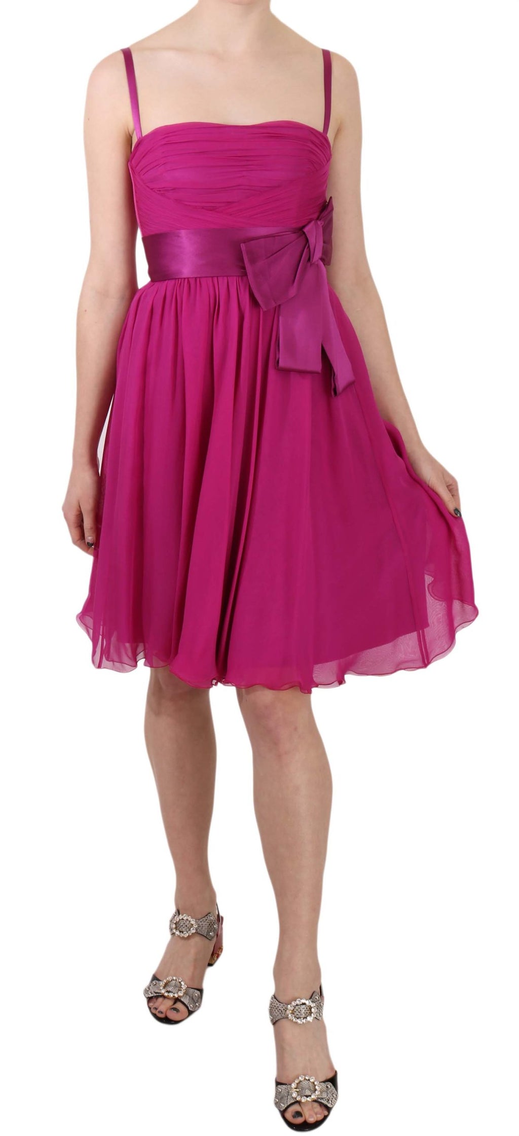 Fuchsiafarbenes ärmelloses Seidenkleid mit Schleife