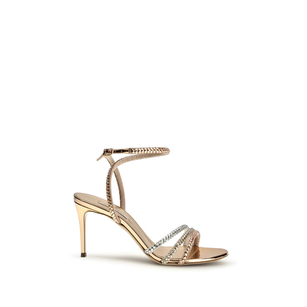 Sandalen mit Stilettoabsatz aus goldfarbenem Kalbsleder vom Rind