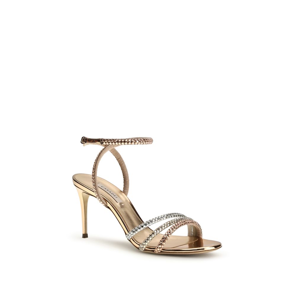 Sandalen mit Stilettoabsatz aus goldfarbenem Kalbsleder vom Rind