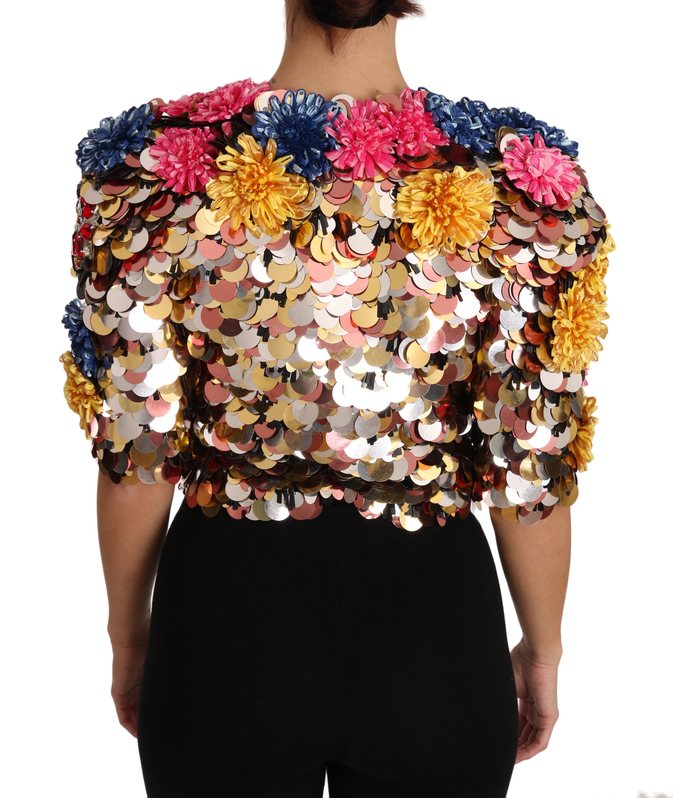Giubbotto-cappotto floreale paillettato con cristalli