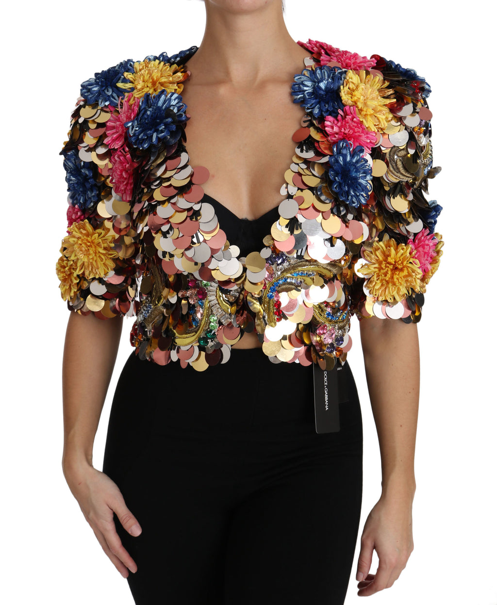 Giubbotto-cappotto floreale paillettato con cristalli