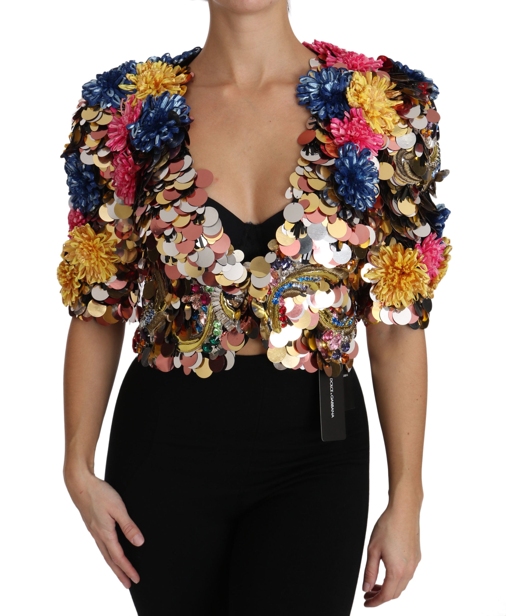 Giubbotto-cappotto floreale paillettato con cristalli