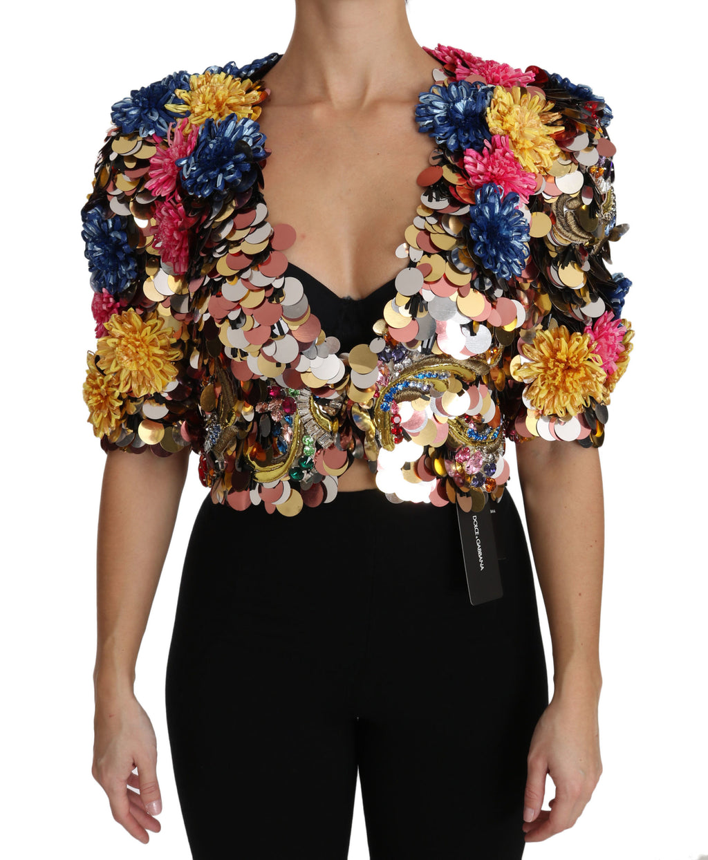 Giubbotto-cappotto floreale paillettato con cristalli