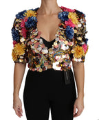Giubbotto-cappotto floreale paillettato con cristalli