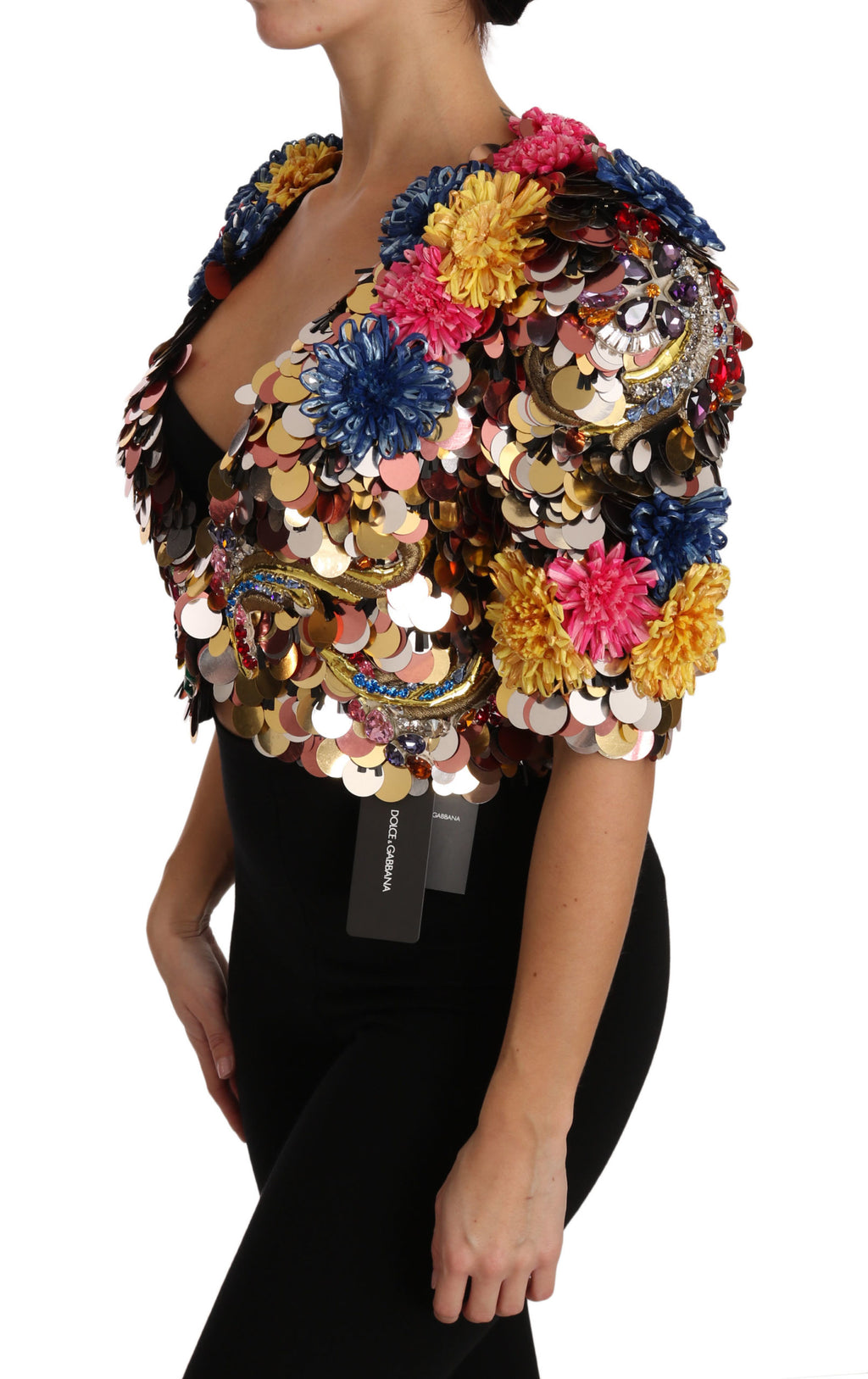 Giubbotto-cappotto floreale paillettato con cristalli