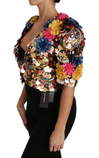 Giubbotto-cappotto floreale paillettato con cristalli