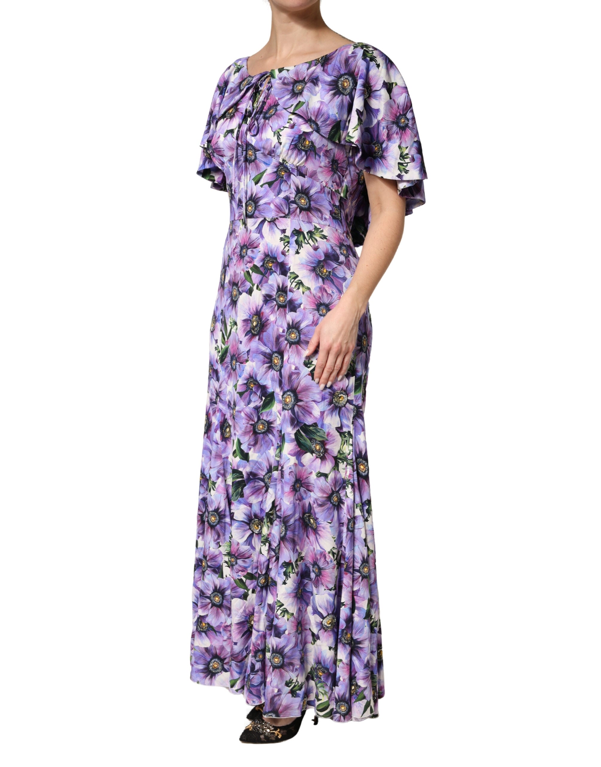 Lila florales Seiden-Stretch elegantes Abendkleid