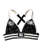 Black Floral Silk Satin Crop Logo Bralette Top