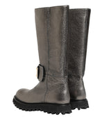 Metallic Silver Leather Mid Calf Boots Shoes