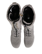 Gray Shearling Lace Up Knee High Boots Shoes