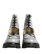 Gray Leather Logo Plaque Ankle Boots Shoes