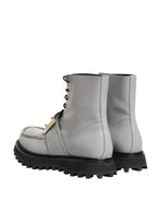 Gray Leather Logo Plaque Ankle Boots Shoes