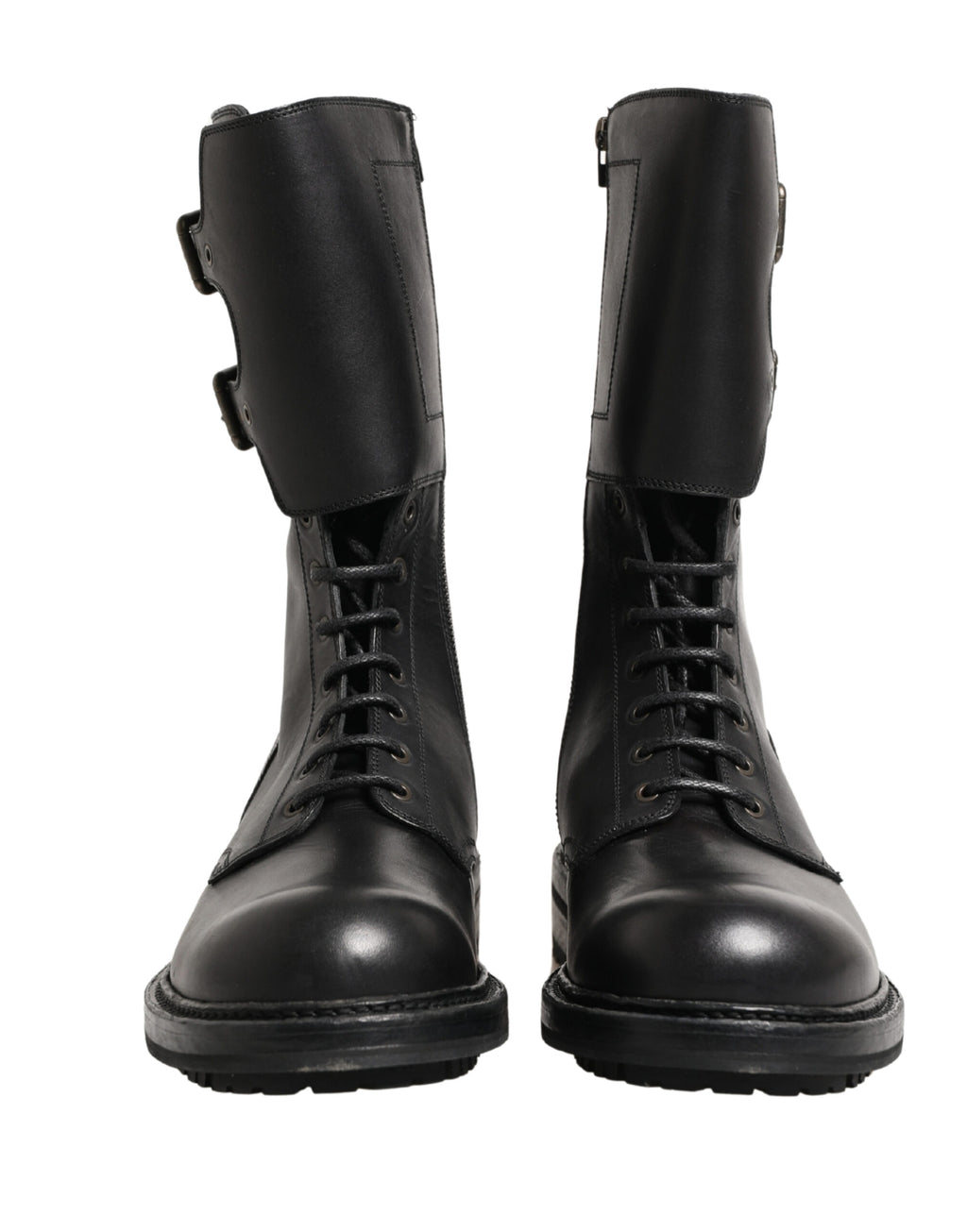 Schwarze Kampfstiefel mit Schnallenriemen aus Leder