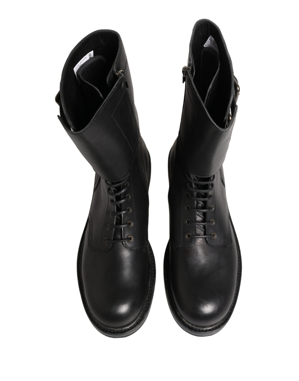 Schwarze Kampfstiefel mit Schnallenriemen aus Leder