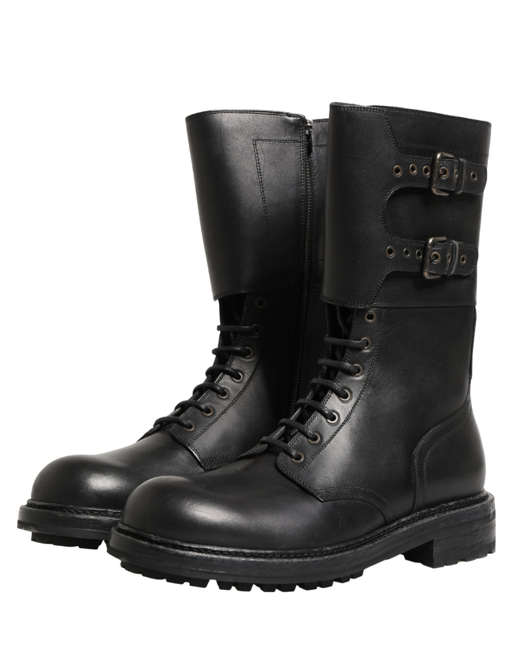 Schwarze Kampfstiefel mit Schnallenriemen aus Leder