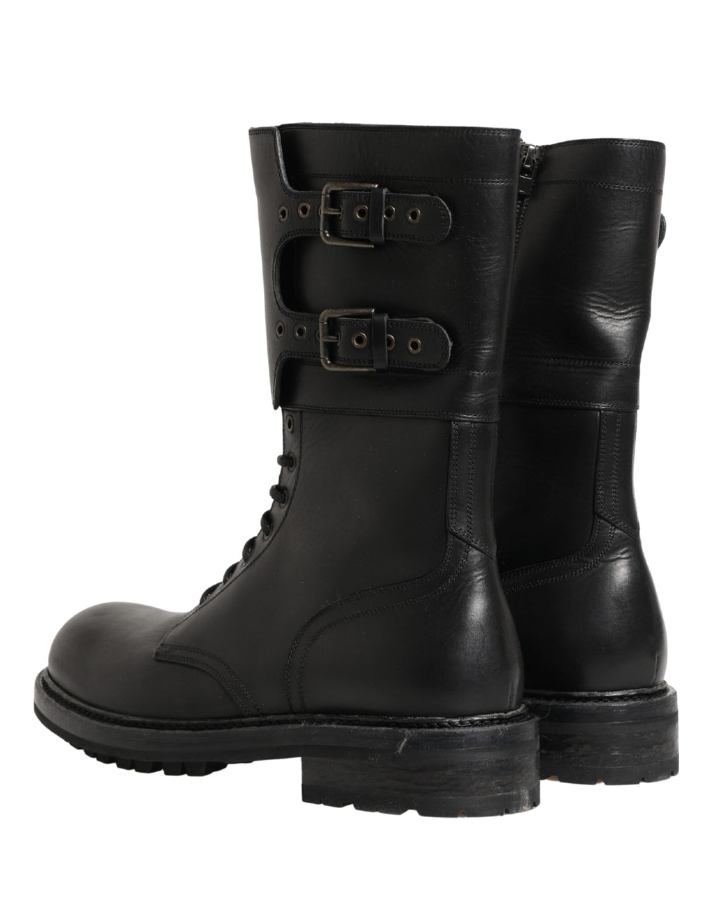 Schwarze Kampfstiefel mit Schnallenriemen aus Leder