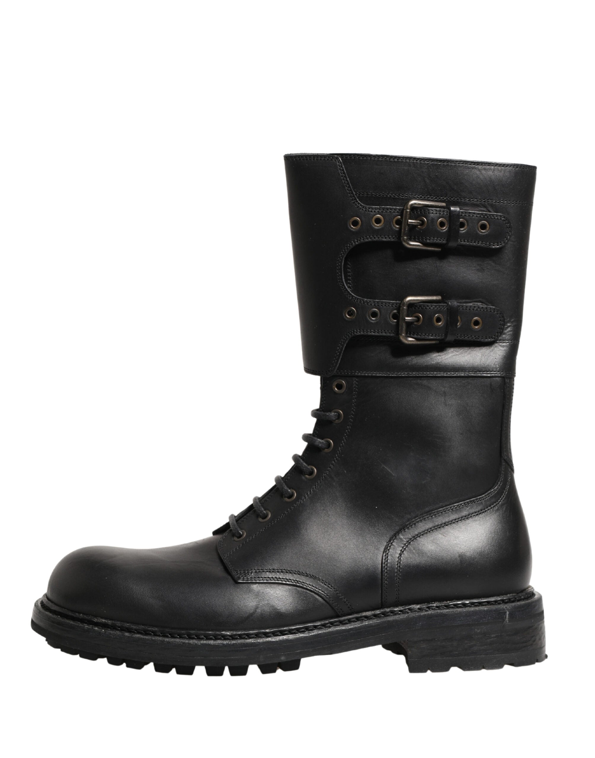 Schwarze Kampfstiefel mit Schnallenriemen aus Leder