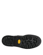 Schwarze Kampfstiefel mit Schnallenriemen aus Leder