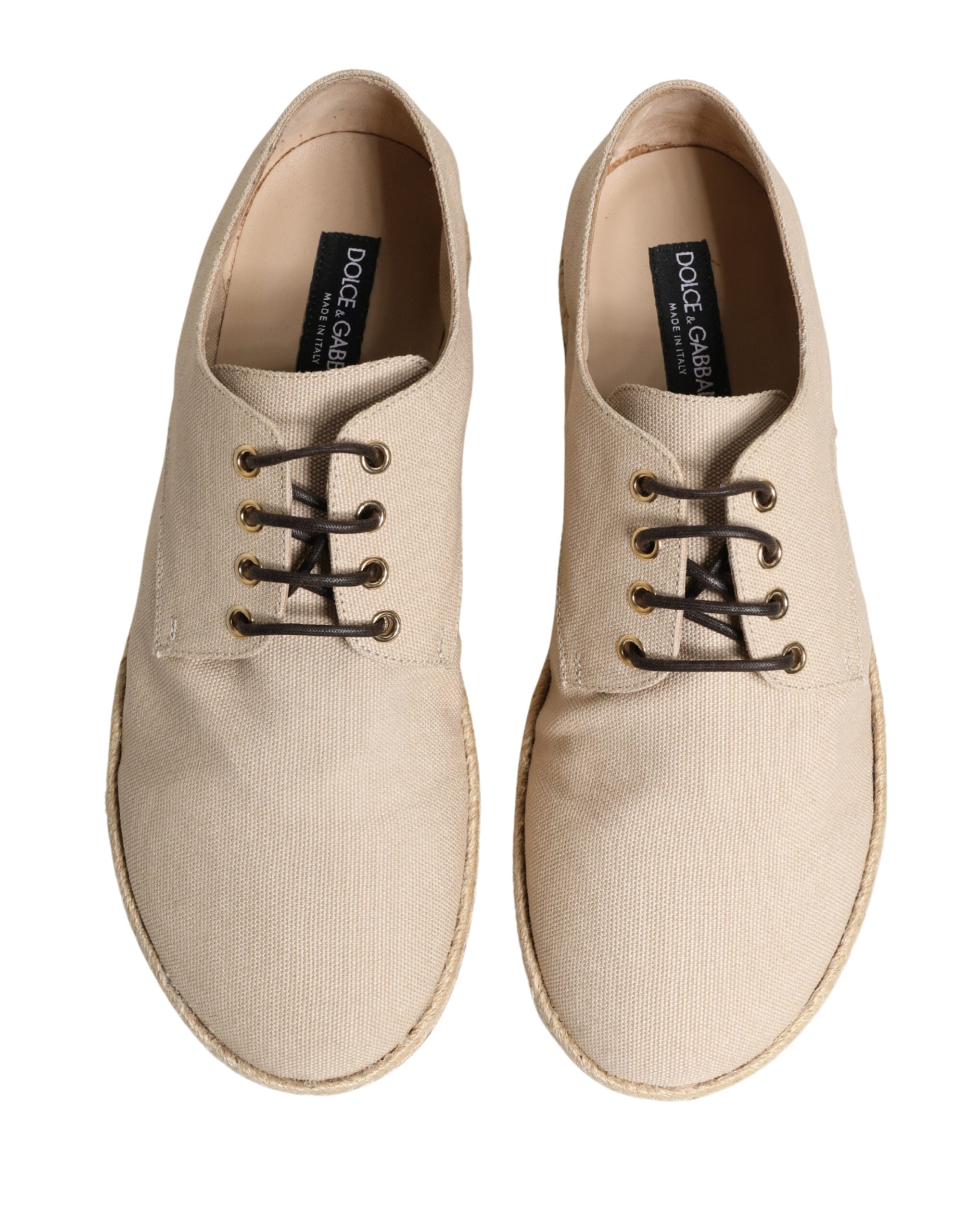 Beige Espadrille-Sohle Geschnürte Derby-Schuhe aus Segeltuch