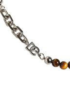 Armband aus silberfarbenem Messing mit Kettengliedern, Perlen, Edelsteinen und DG-Logo