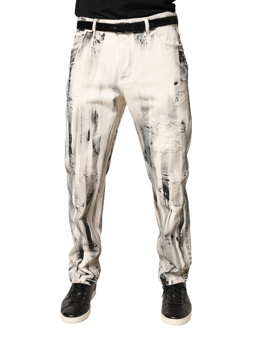 Weiße Used-Look-Jeans mit Farbklecksen