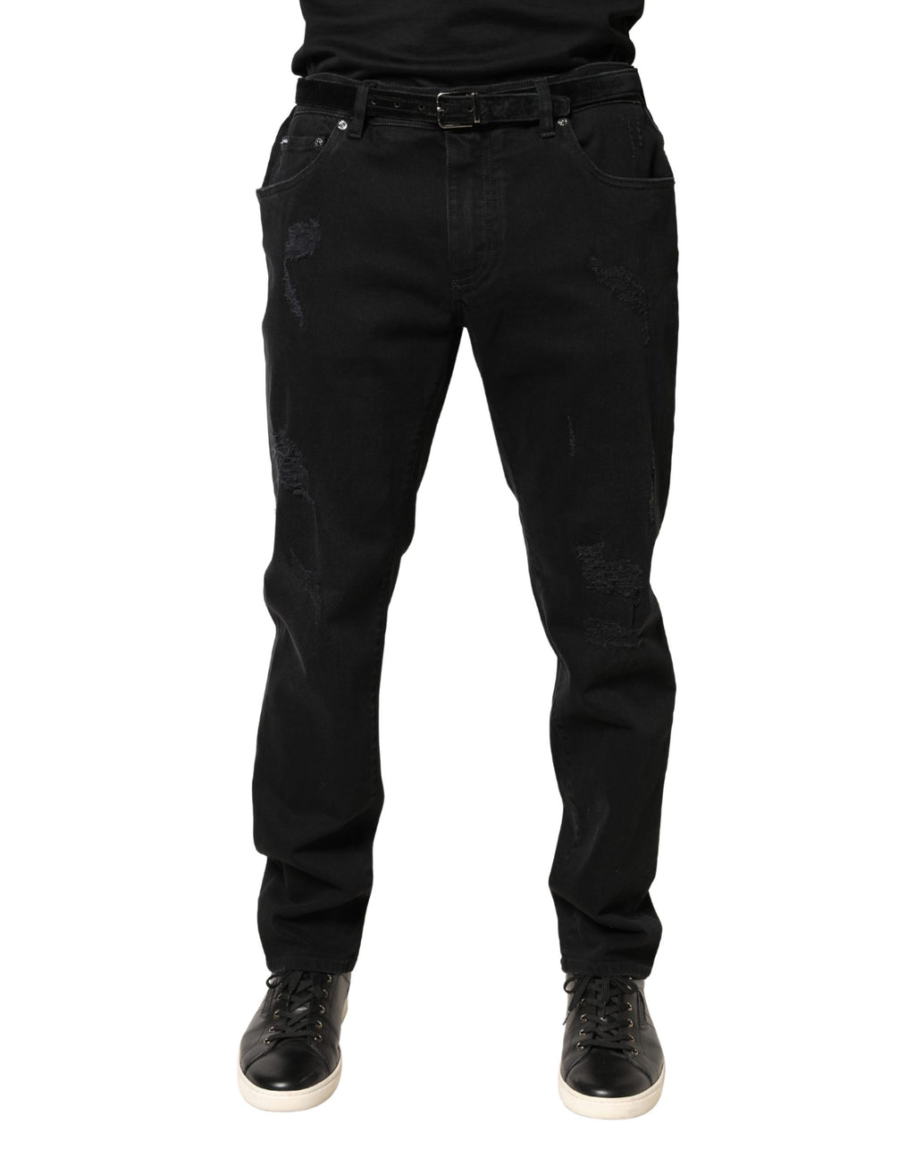 Schwarze, zerfetzte, schmal geschnittene Jeans aus Baumwoll-Denim