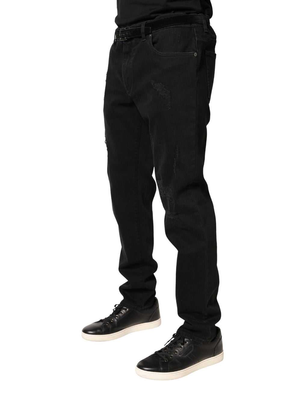 Schwarze, zerfetzte, schmal geschnittene Jeans aus Baumwoll-Denim