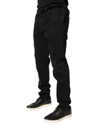Schwarze, zerfetzte, schmal geschnittene Jeans aus Baumwoll-Denim