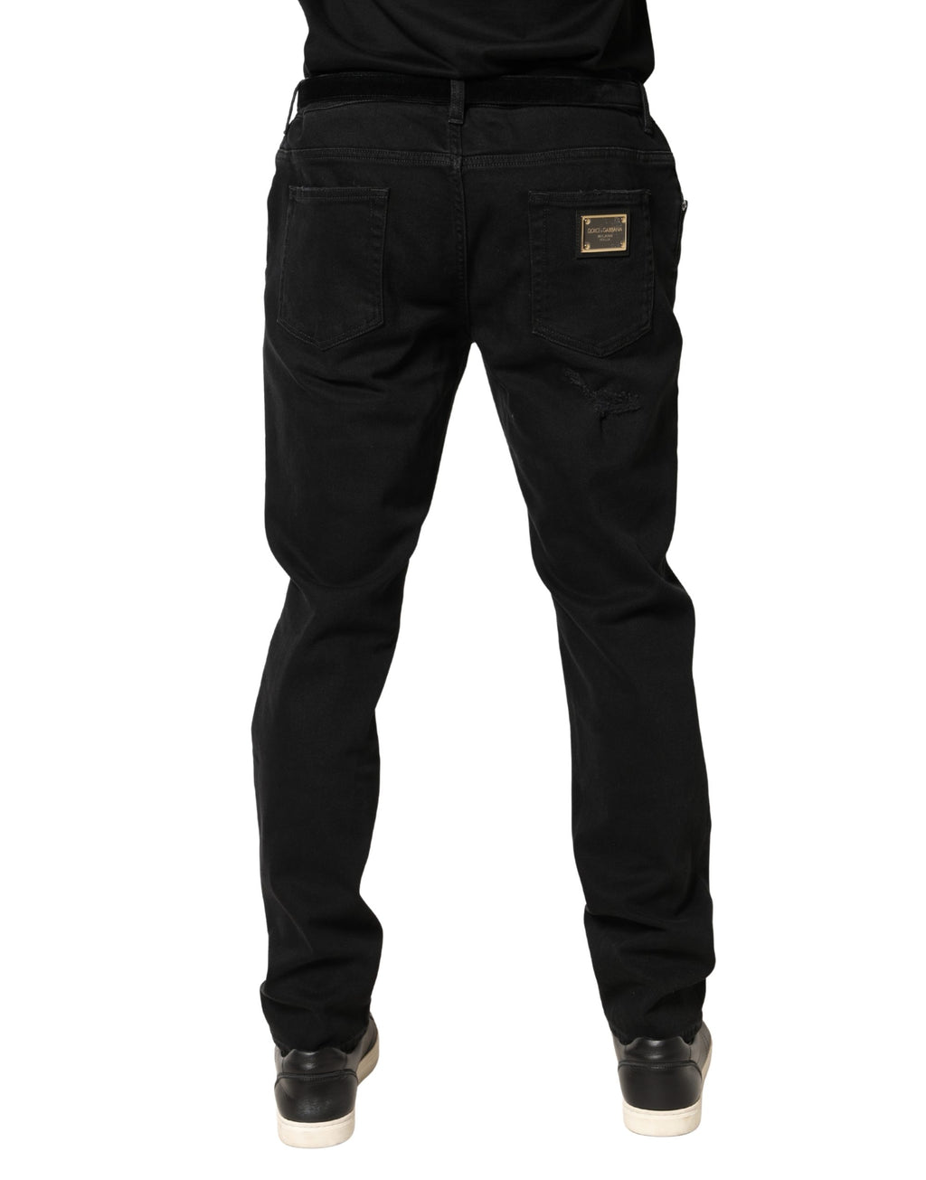 Schwarze, zerfetzte, schmal geschnittene Jeans aus Baumwoll-Denim
