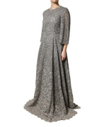 Graues Maxikleid aus Baumwolle mit langen Ärmeln und Spitze