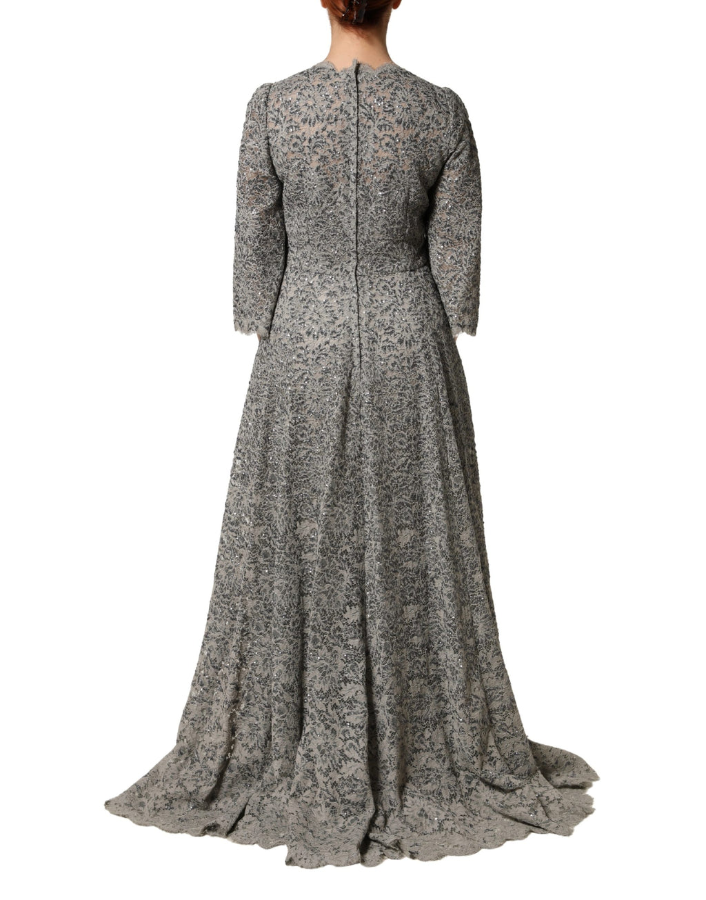Graues Maxikleid aus Baumwolle mit langen Ärmeln und Spitze