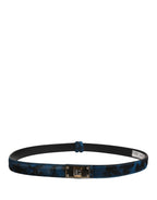 Men Blue Calf Leather Logo Metal Buckle Belt