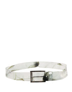 Men White Floral PVC Silver Metal Buckle Belt