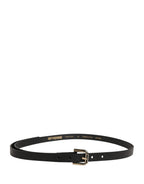 Black Leather Slim Gold Tone Buckle Waist Men Belt