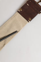 Beige Brown Leather Canvas Metal Buckle Belt
