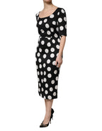 Schwarzes, weiß gepunktetes Seidenetui-Midikleid