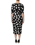 Schwarzes, weiß gepunktetes Seidenetui-Midikleid