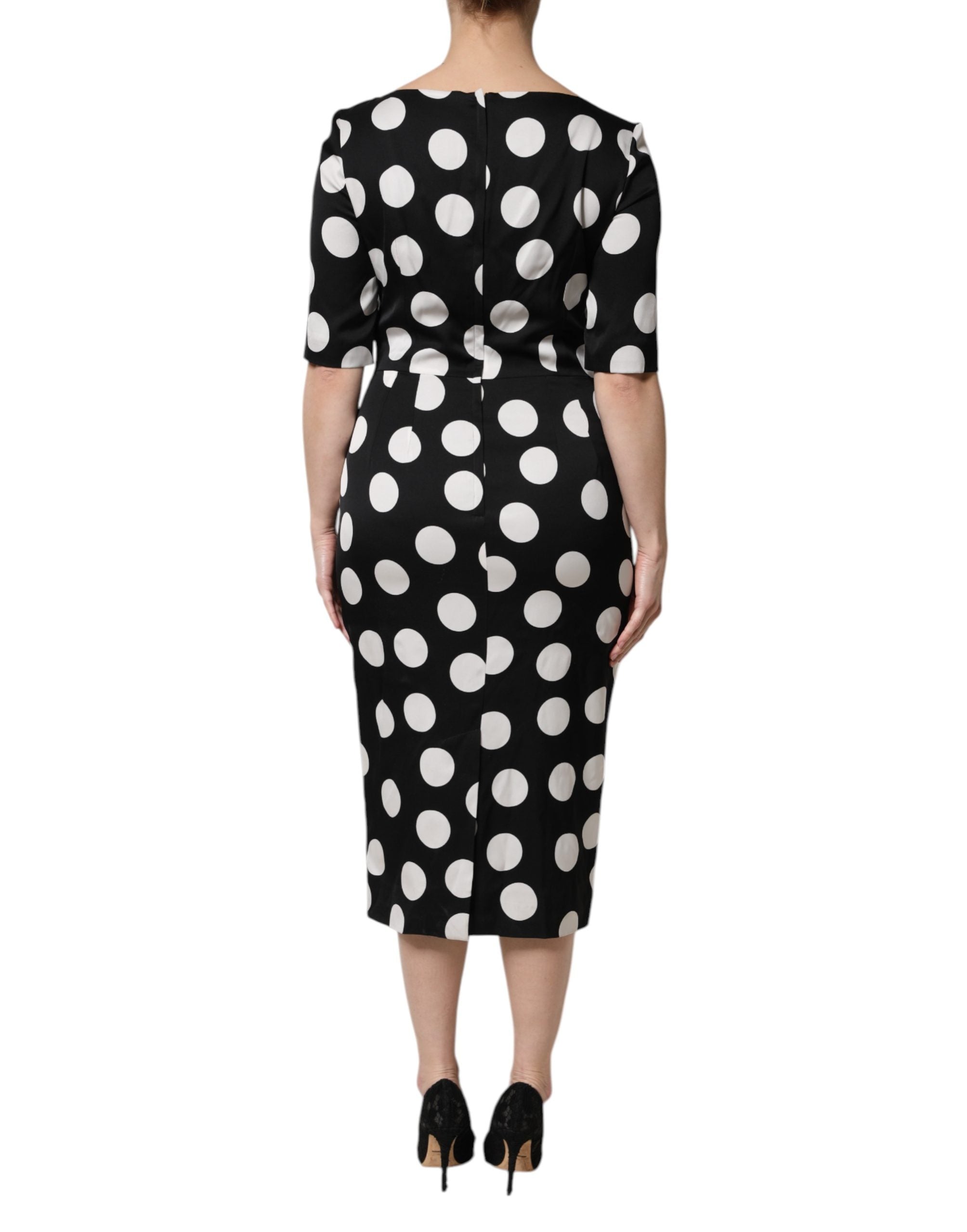 Schwarzes, weiß gepunktetes Seidenetui-Midikleid