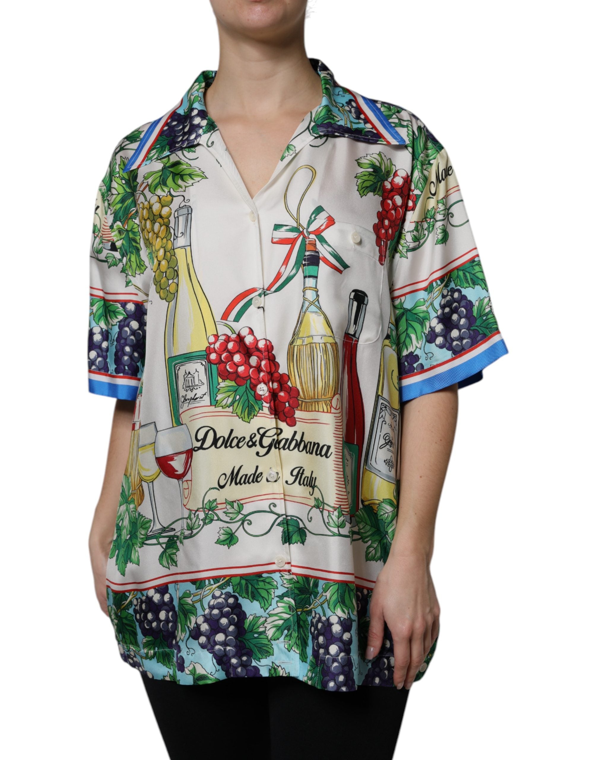 Multicolor Short Sleeve Silk Food Print Shirt Top