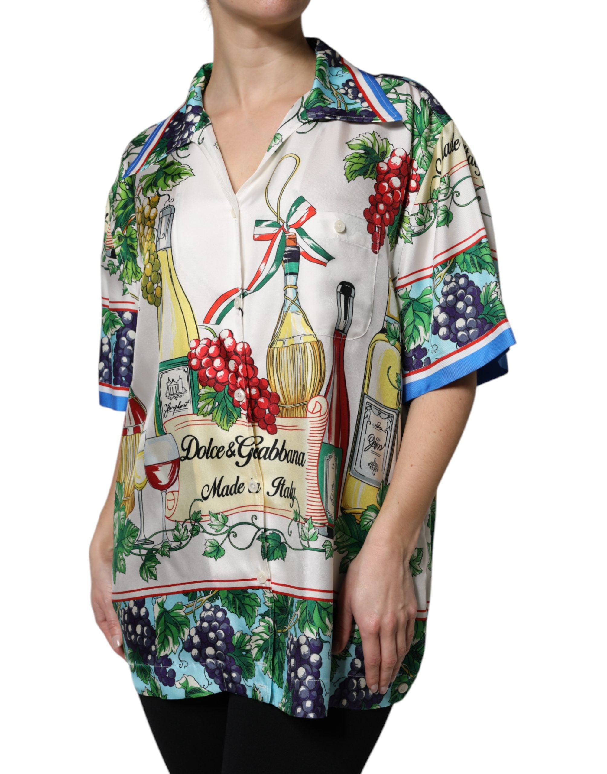 Multicolor Short Sleeve Silk Food Print Shirt Top