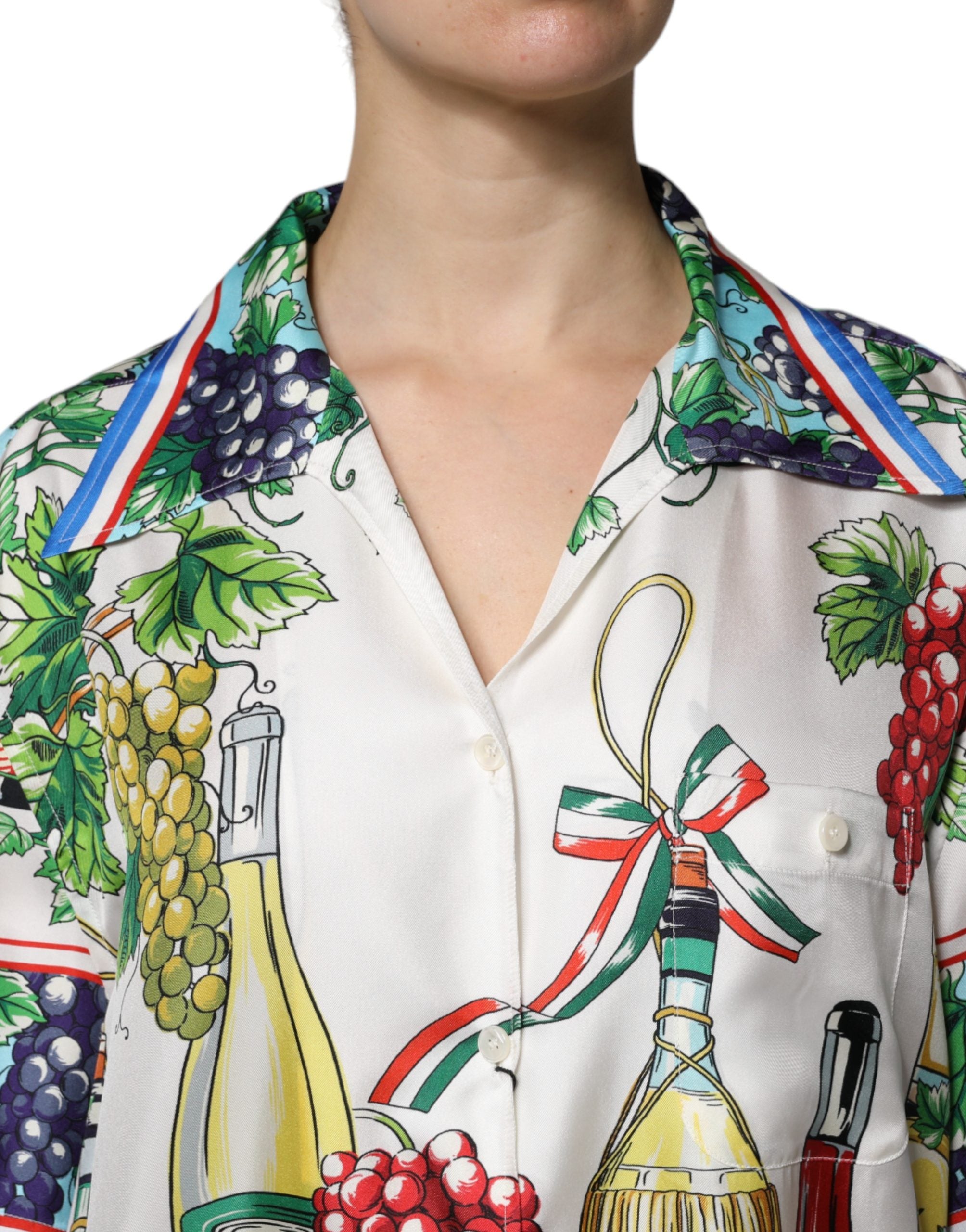 Multicolor Short Sleeve Silk Food Print Shirt Top