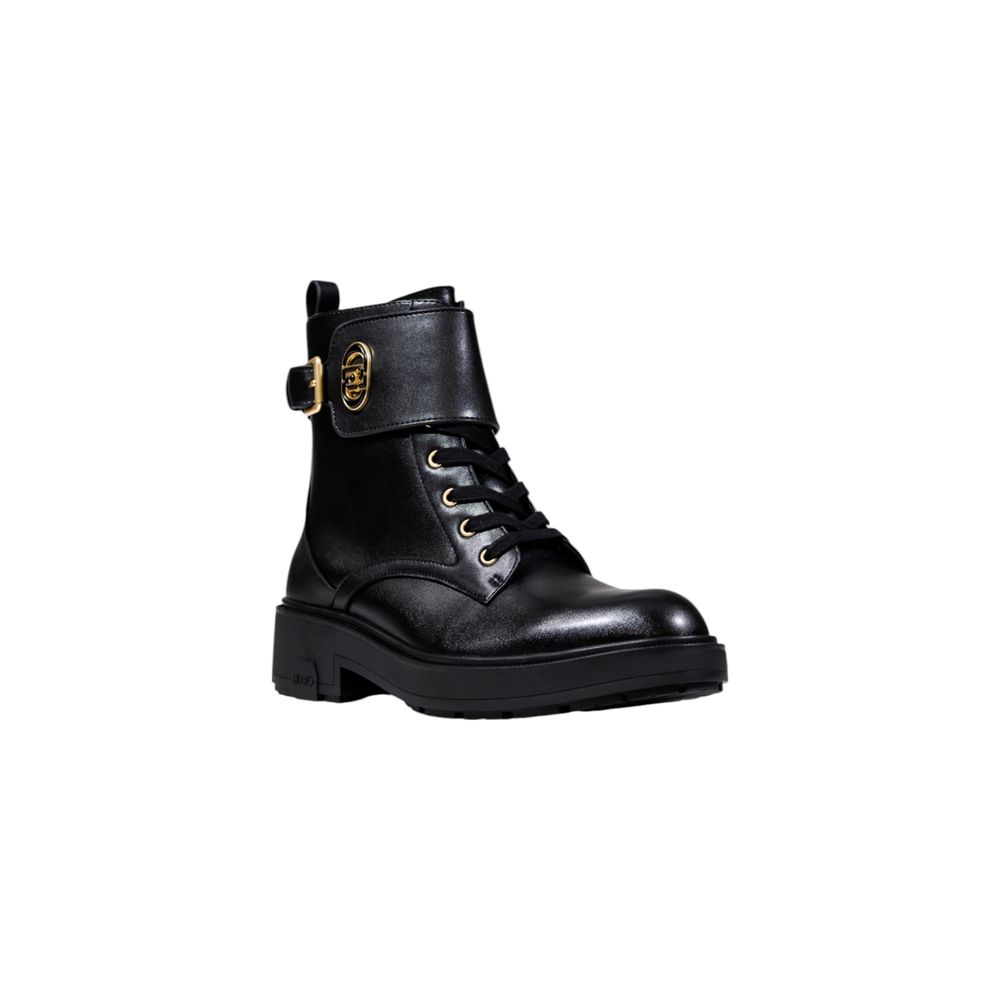 Schwarze Kunstleder-Schnürstiefeletten