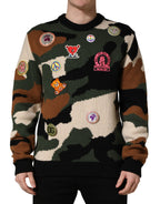 Mehrfarbiger Intarsien-Strickpullover mit Camouflage-Muster