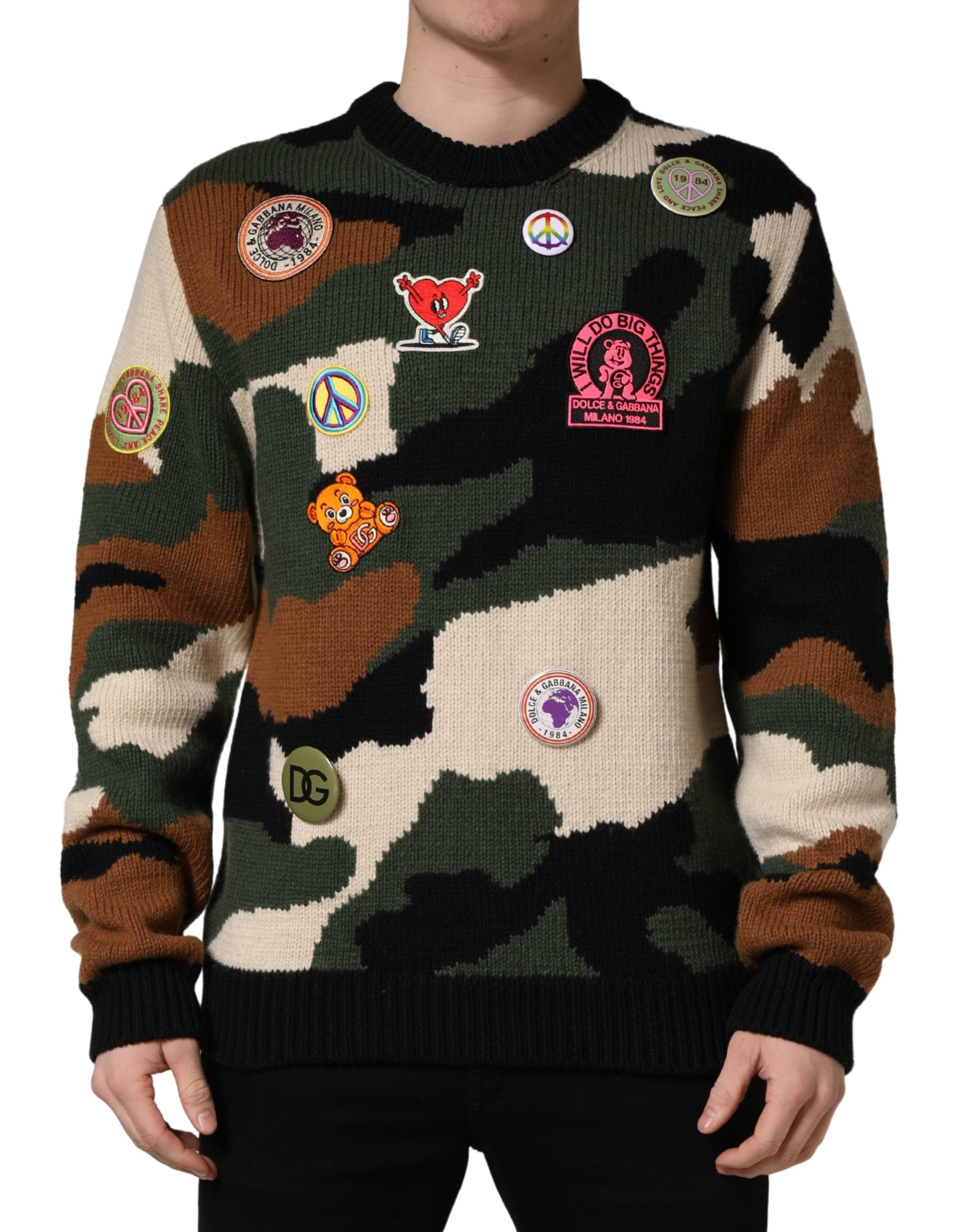 Mehrfarbiger Intarsien-Strickpullover mit Camouflage-Muster